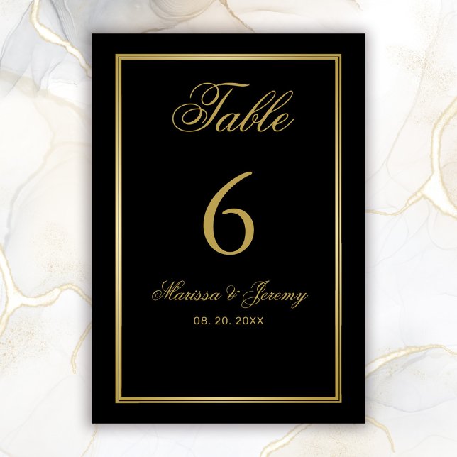 Elegant Black Gold Script Calligraphy Wedding Table Number (Elegant Black and Gold Wedding Table Number Card)