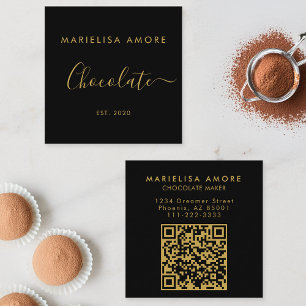 Elegant Black Gold Script Chocolate Qr Code Square Business Card