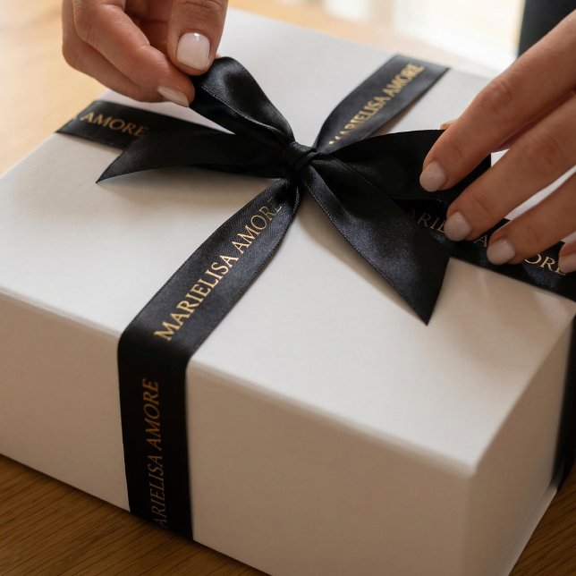 Elegant Black Gold Script Chocolate Satin Ribbon (Creator Uploaded)