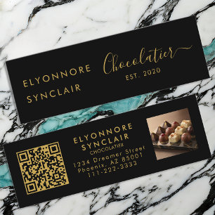 Elegant Black Gold Script Chocolatier Qr Code Mini Business Card