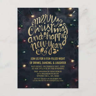 Elegant Black Gold Script Christmas New Year Party Postcard