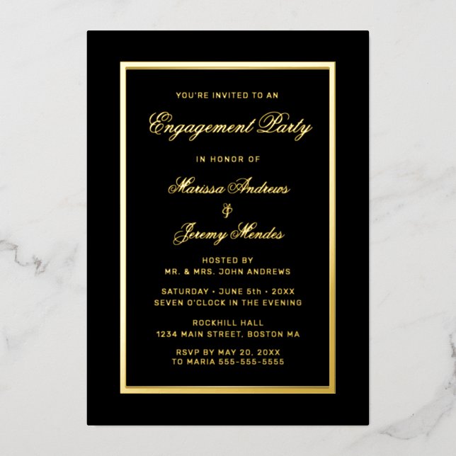 Elegant Black Gold Script Engagement Party (Front)
