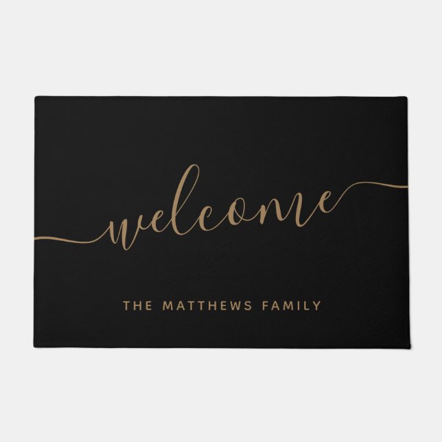 Elegant Black Gold Script Family Name Welcome Doormat (Front)
