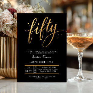 Elegant Black & Gold Script Fifty 50th Birthday  Invitation