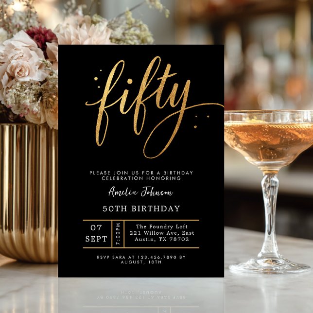Elegant Black & Gold Script Fifty 50th Birthday  Invitation (Celebrate fifty in timeless style with this elegant black and gold invitation)
