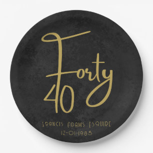 Elegant Black & Gold Script Forty Modern Birthday Paper Plate