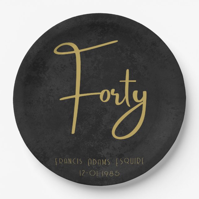 Elegant Black & Gold Script Forty Modern Birthday Paper Plate (Front)