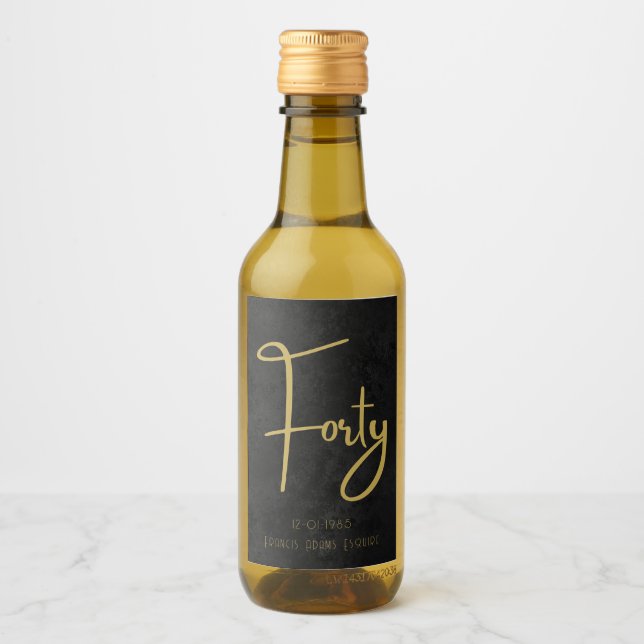 Elegant Black & Gold Script Forty Modern Birthday Wine Label (Front)