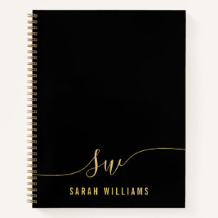 Elegant Black Gold Script Initial Monogram  Notebook