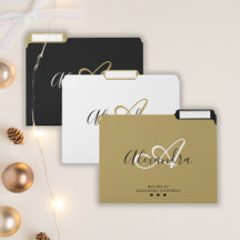 Elegant Black Gold Script Initial Name Monogram