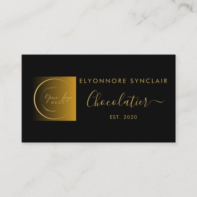 Elegant Black Gold Script Logo Chocolatier Business Card (Front)