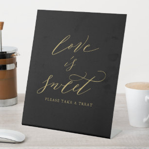 Elegant Black Gold Script Love is Sweet Wedding Pedestal Sign