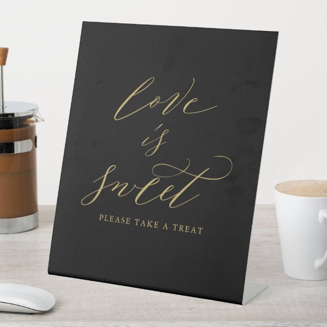 Elegant Black Gold Script Love is Sweet Wedding Pedestal Sign (In SItu)