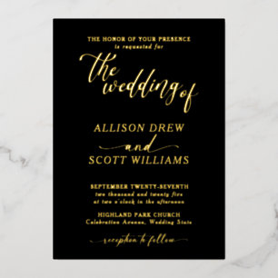 Elégant Black Gold Script Mariage Foil Invitation