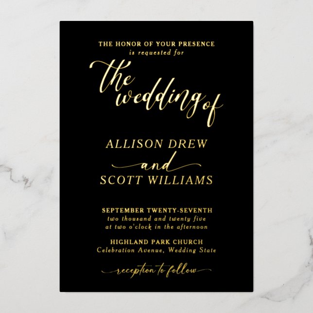 Elégant Black Gold Script Mariage Foil Invitation (Recto)
