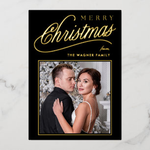 Elegant Black & Gold Script Merry Christmas Photo Foil Holiday Card