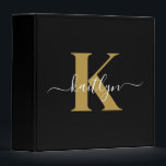 Elegant Black Gold Script Monogram Binder<br><div class="desc">This simple, elegant black 2" capacity 3 ring binder with your first name in a trendy script font in white typed over your first initial in a modern cap font in gold is perfect for keeping your recipes, photos, papers neat and tidy. It's stylish and trendy and yet very classic....</div>
