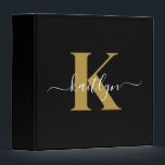 Elegant Black Gold Script Monogram Binder<br><div class="desc">This simple, elegant black 2" capacity 3 ring binder with your first name in a trendy script font in white typed over your first initial in a modern cap font in gold is perfect for keeping your recipes, photos, papers neat and tidy. It's stylish and trendy and yet very classic....</div>
