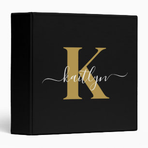 Elegant Black Gold Script Monogram Binder