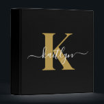 Elegant Black Gold Script Monogram Binder<br><div class="desc">This simple, elegant black 1" capacity 3 ring binder with your first name in a trendy script font in white typed over your first initial in a modern cap font in gold is perfect for keeping your recipes, photos, papers neat and tidy. It's stylish and trendy and yet very classic....</div>