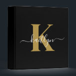 Elegant Black Gold Script Monogram Binder<br><div class="desc">This simple, elegant black 1" capacity 3 ring binder with your first name in a trendy script font in white typed over your first initial in a modern cap font in gold is perfect for keeping your recipes, photos, papers neat and tidy. It's stylish and trendy and yet very classic....</div>