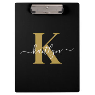 Elegant Black Gold Script Monogram Clipboard