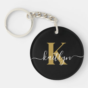 Elegant Black Gold Script Monogram Keychain