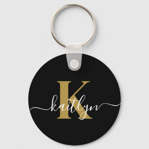 Elegant Black Gold Script Monogram Keychain