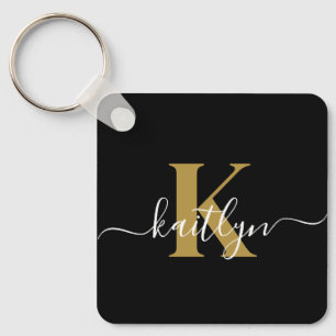 Elegant Black Gold Script Monogram Keychain