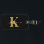 Elegant Black Gold Script Monogram Luggage Tag<br><div class="desc">This simple, elegant black luggage tag with your first name in a trendy script font in white typed over your first initial in a modern cap font in gold on one side and a slide in card for your name, address and phone number on the other would look fabulous on...</div>