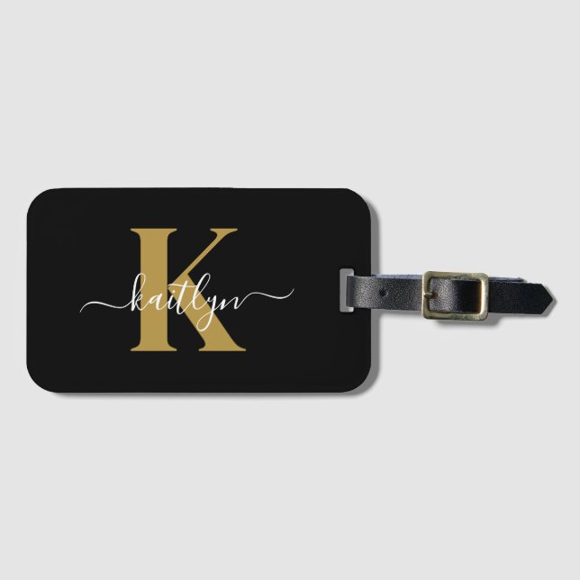 Elegant Black Gold Script Monogram Luggage Tag (Front Horizontal)