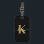 Elegant Black Gold Script Monogram Luggage Tag<br><div class="desc">This simple, elegant black luggage tag with your first name in a trendy script font in white typed over your first initial in a modern cap font in gold on one side and a slide in card for your name, address and phone number on the other would look fabulous on...</div>
