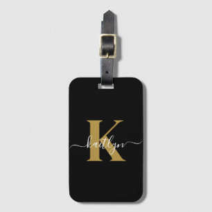 Elegant Black Gold Script Monogram Luggage Tag