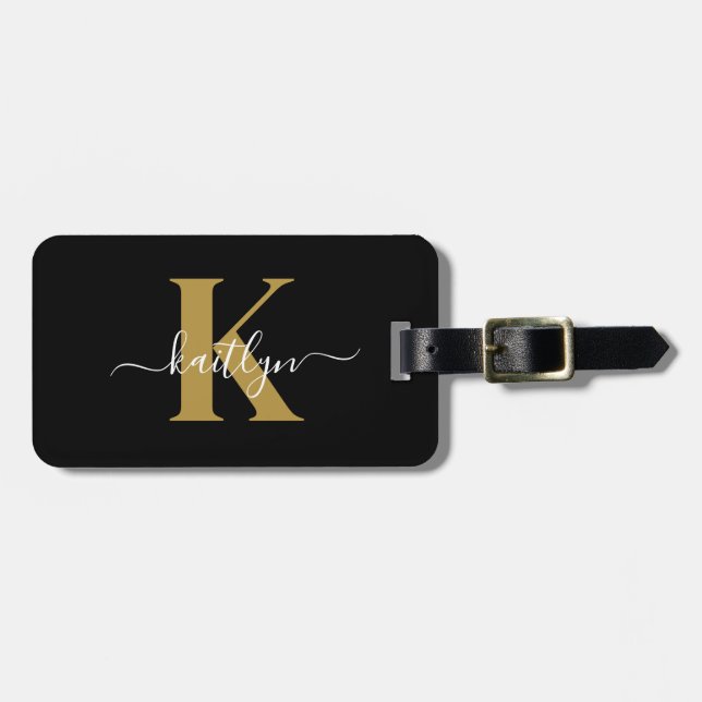 Elegant Black Gold Script Monogram Luggage Tag (Front Horizontal)