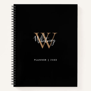 Elegant Black Gold Script Monogram Name Notebook
