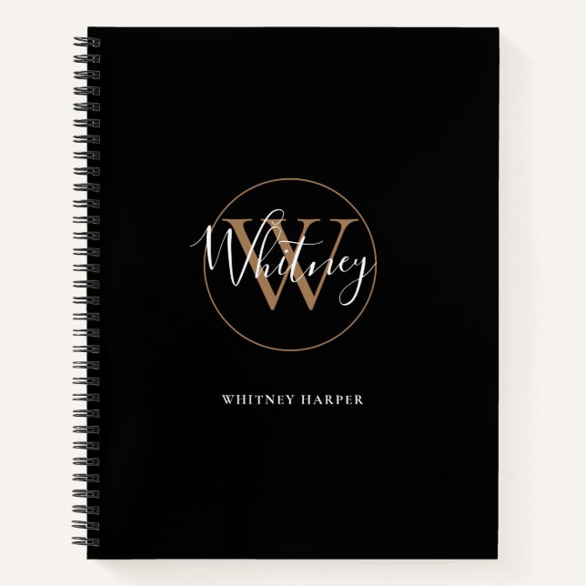 Elegant Black Gold Script Monogram Name Notebook (Front)