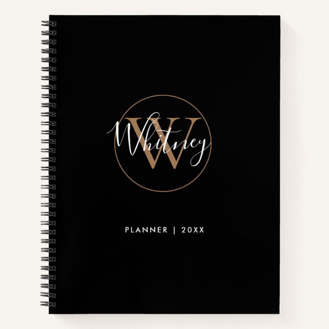 Elegant Black Gold Script Monogram Name Notebook (Front)