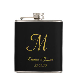 Elegant Black & Gold Script Monogram Name Wedding  Hip Flask