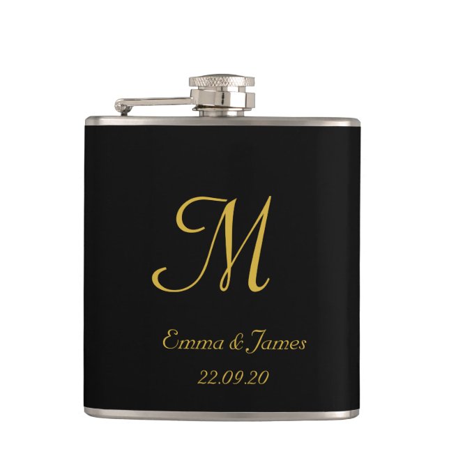 Elegant Black & Gold Script Monogram Name Wedding  Hip Flask (Front)