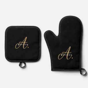 Elegant Black Gold Script Monogram Oven Mitt & Pot Holder Set