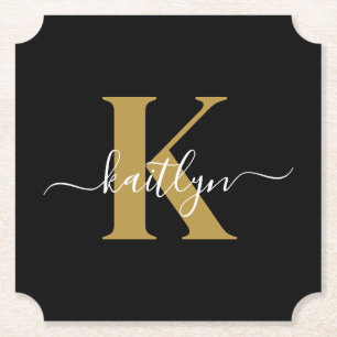 Elegant Black Gold Script Monogram Paper Coaster