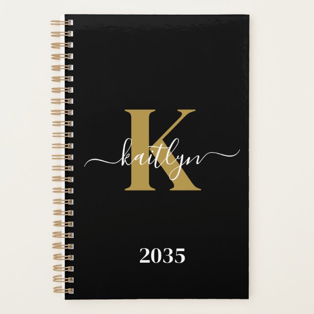Elegant Black Gold Script Monogram Planner (Front)