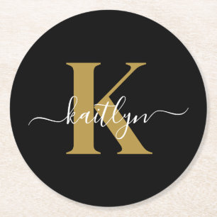 Elegant Black Gold Script Monogram Round Paper Coaster