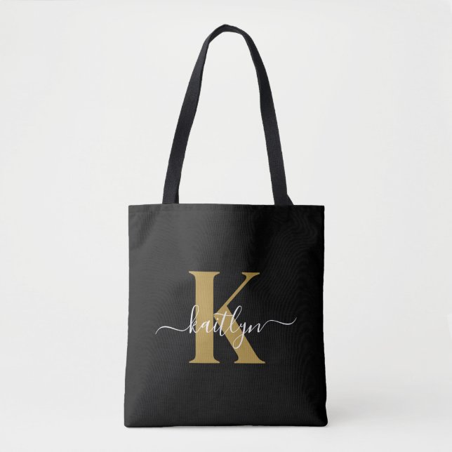 Elegant Black Gold Script Monogram Tote Bag (Front)