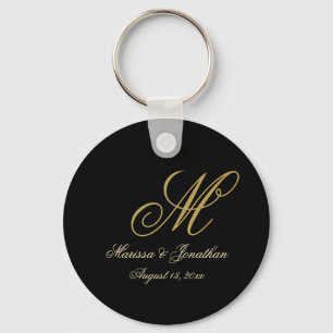 Elegant Black Gold Script MonogramButton Keychain