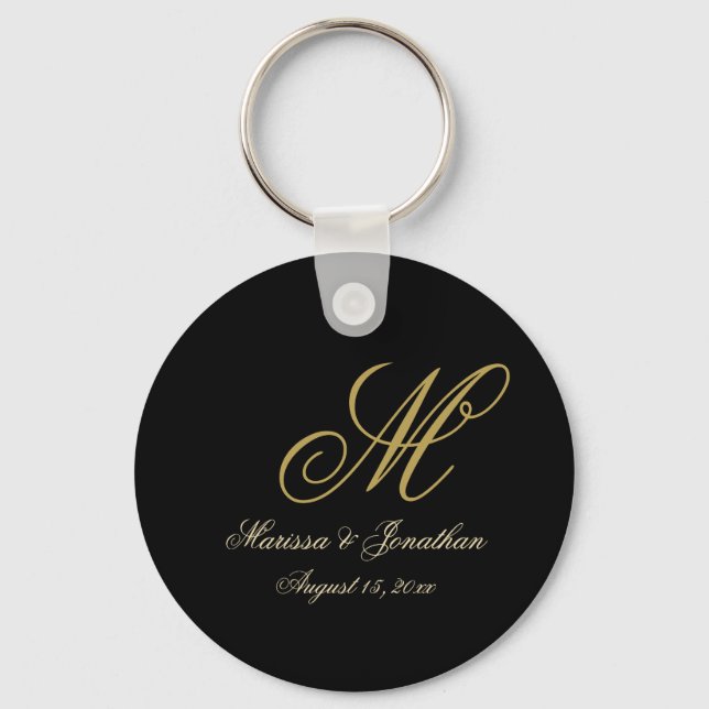 Elegant Black Gold Script MonogramButton Keychain (Front)