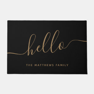 Elegant Black Gold Script Name Hello Welcome  Doormat