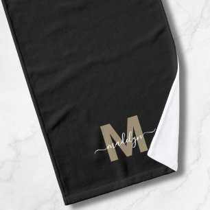 Elegant Black Gold Script Name Monogram Hand Towel