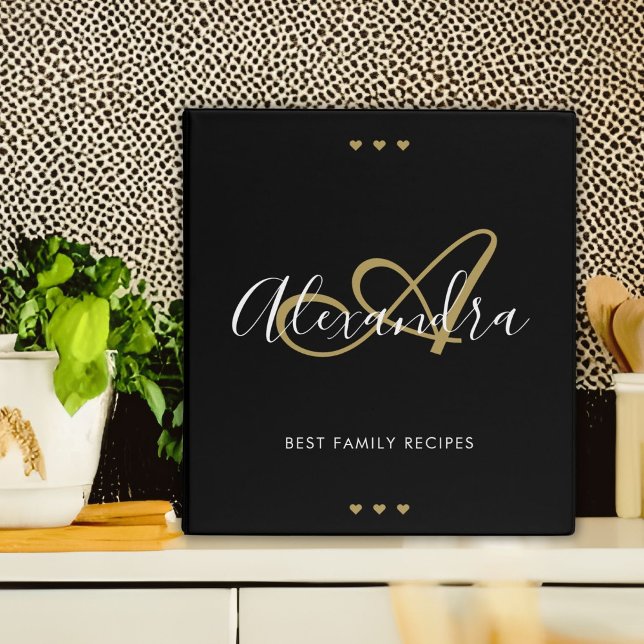 Elegant Black Gold Script Name Monogram Recipe Binder (Elegant Black Gold Script Name Monogram Recipe 3 Ring Binder)