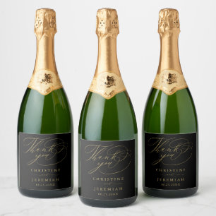 Elegant Black Gold Script Names Wedding Thank You Sparkling Wine Label
